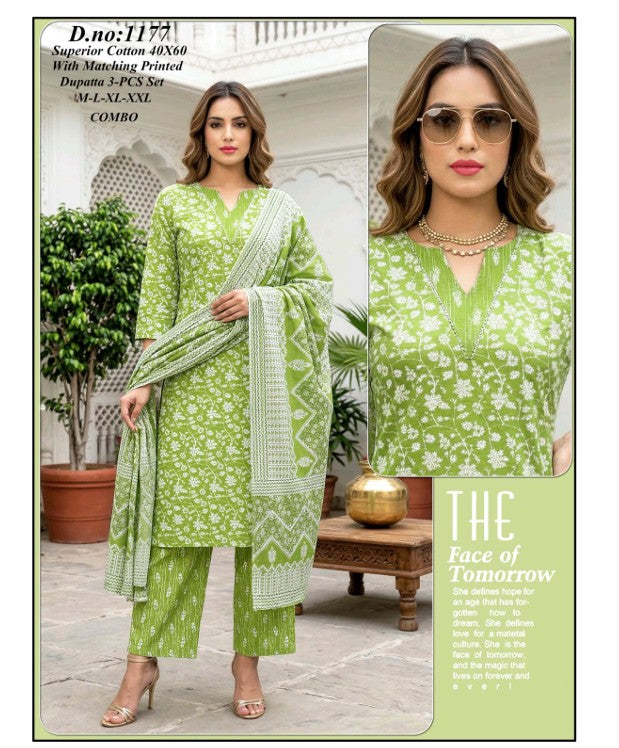 Green Color Elegant Kurta Pant with dupatta 100% Cotton