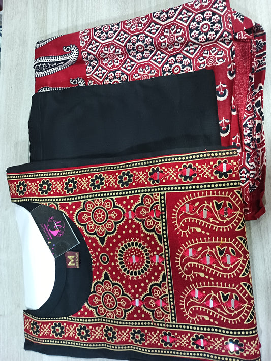 Black Color Elegant Kurta Pant with dupatta 100% Dabu Cotton