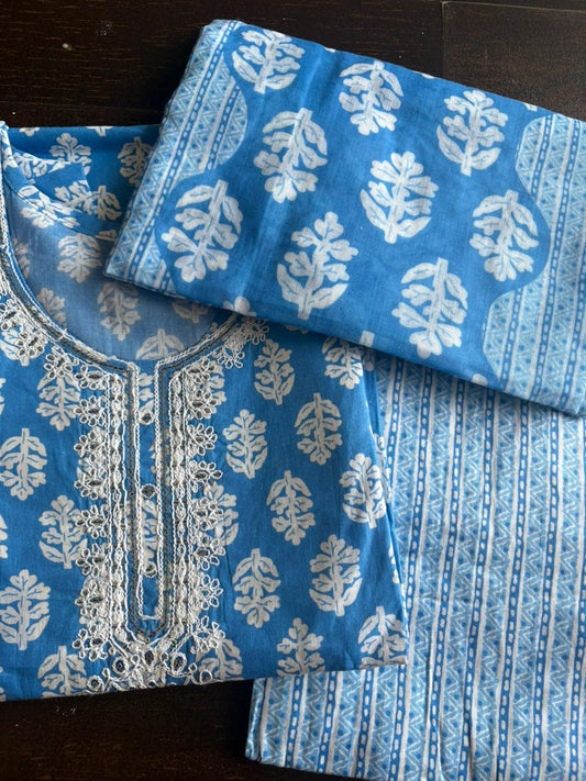 Blue Color Elegant Kurta Pant with dupatta 100% Cotton