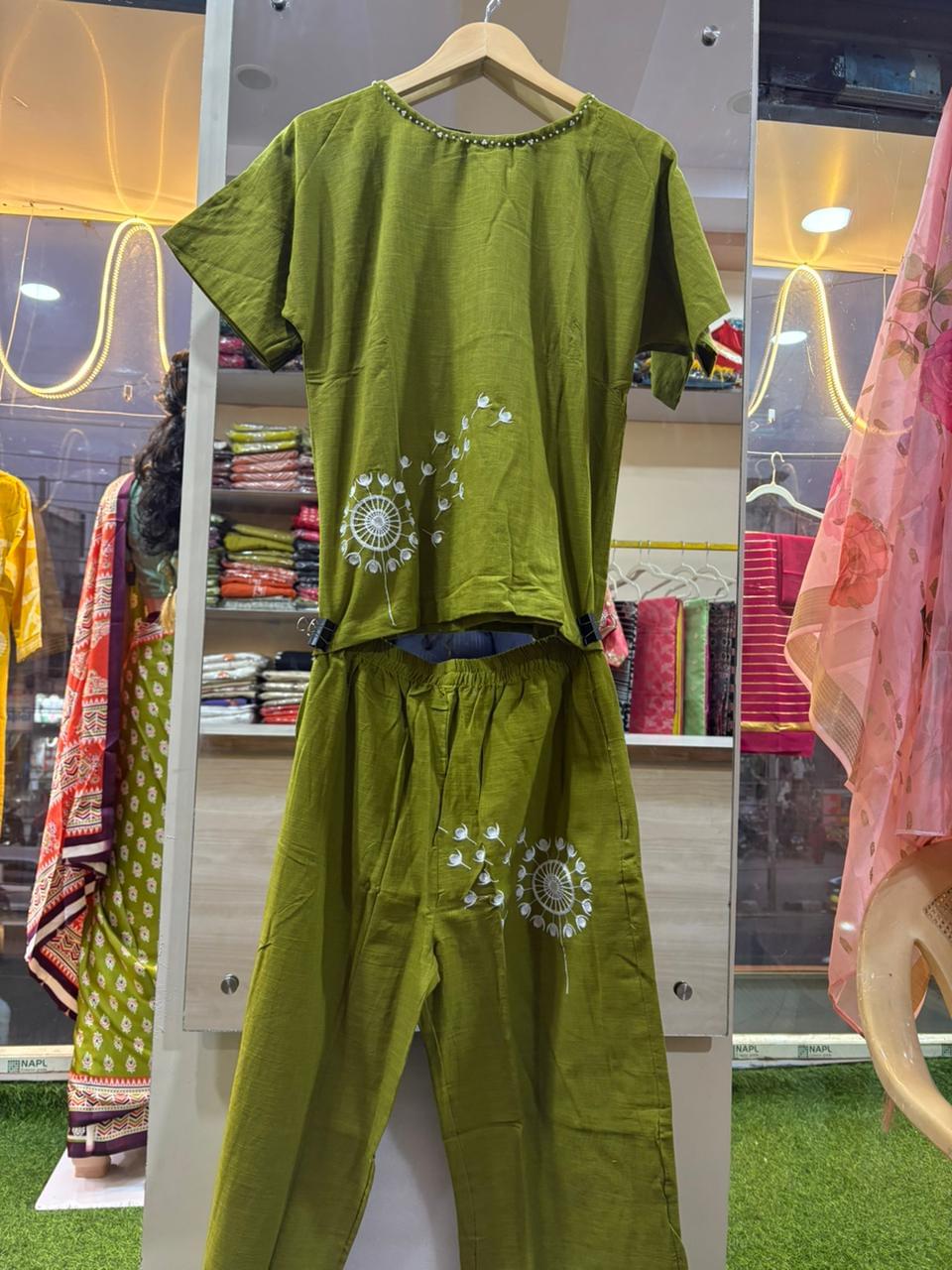 Cotton Embroidered Co ord Set Green