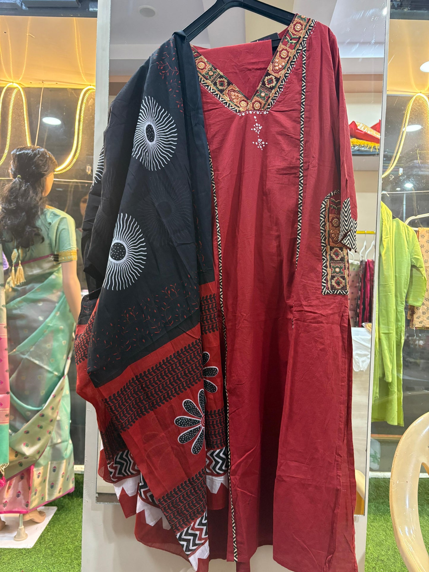 Elegant Kurta Pant with dupatta 100% Cotton Maroon black Colour with pockets