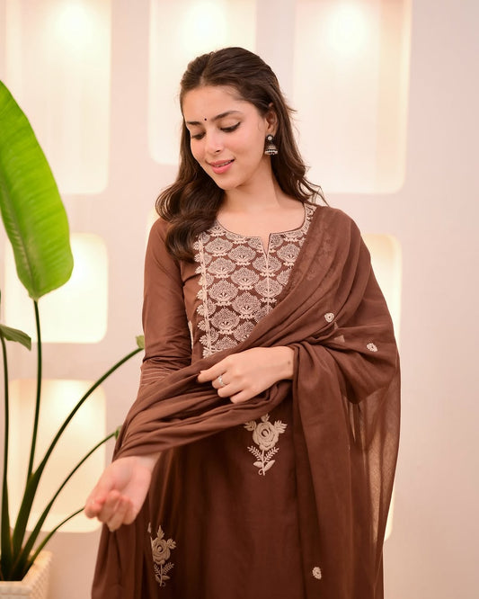 Heavy embroidery Work Kurti Pant with Dupatta 100% Cotton Earthy Brown