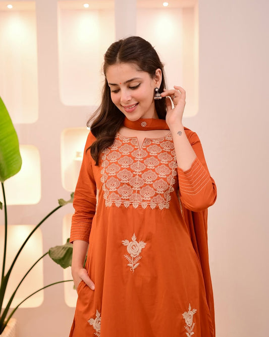 Heavy embroidery Work Kurti Pant with dupatta 100% Cotton Rust Orange