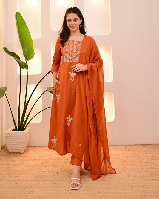 Heavy embroidery Work Kurti Pant with dupatta 100% Cotton Rust Orange