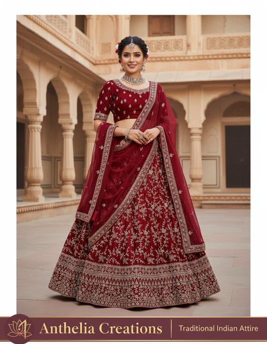 Embroidered Bridal Lehenga Set Maroon Colour
