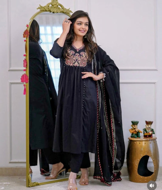 Elegant Kurta Pant with dupatta 100% Cotton Black Colour