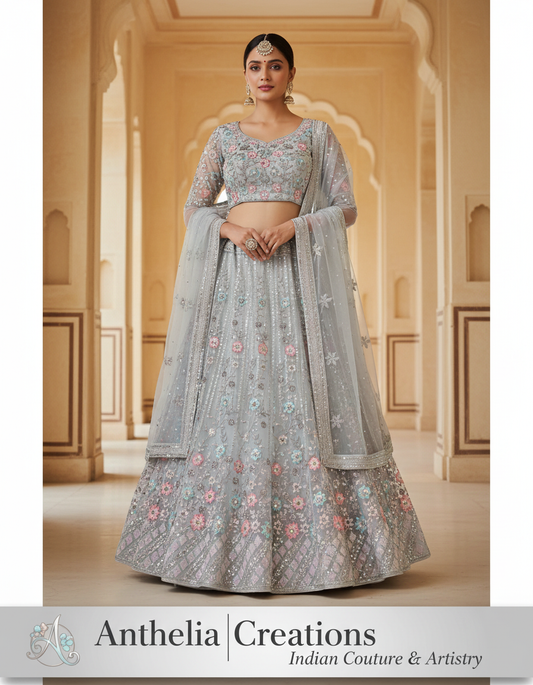 Embroidered Bridal Lehenga Set Grey Colour