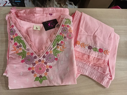 Pure Mul Cotton Kurta Pant Set with Duppata Pink