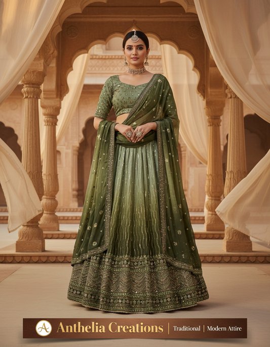 Embroidered Bridal Lehenga Set Green Dual Tone Colour