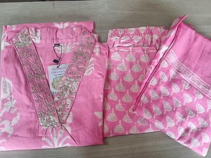 Elegant Pink Kurta Pant with dupatta 100% Cotton
