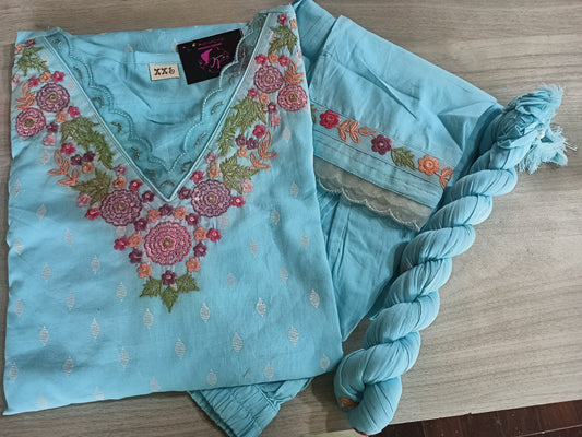 Pure Mul Cotton Kurta Pant Set with Duppata Blue