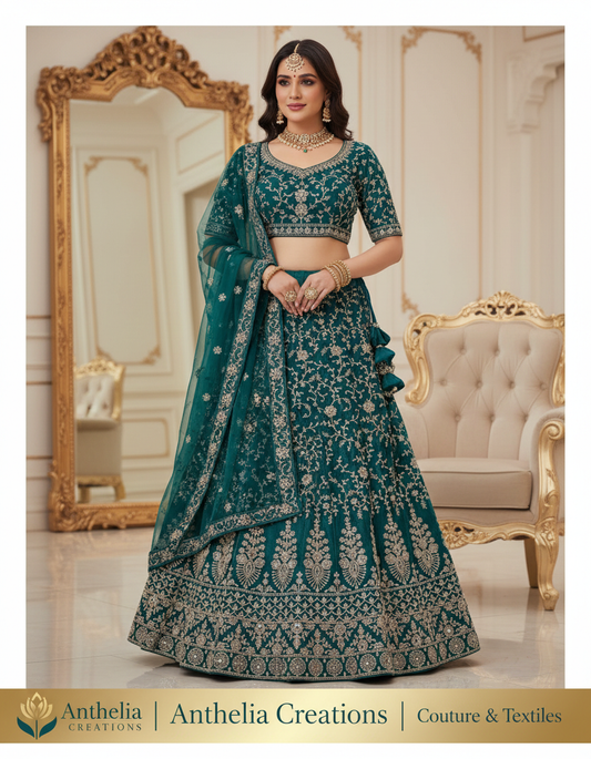Embroidered Bridal Lehenga Set Green Colour