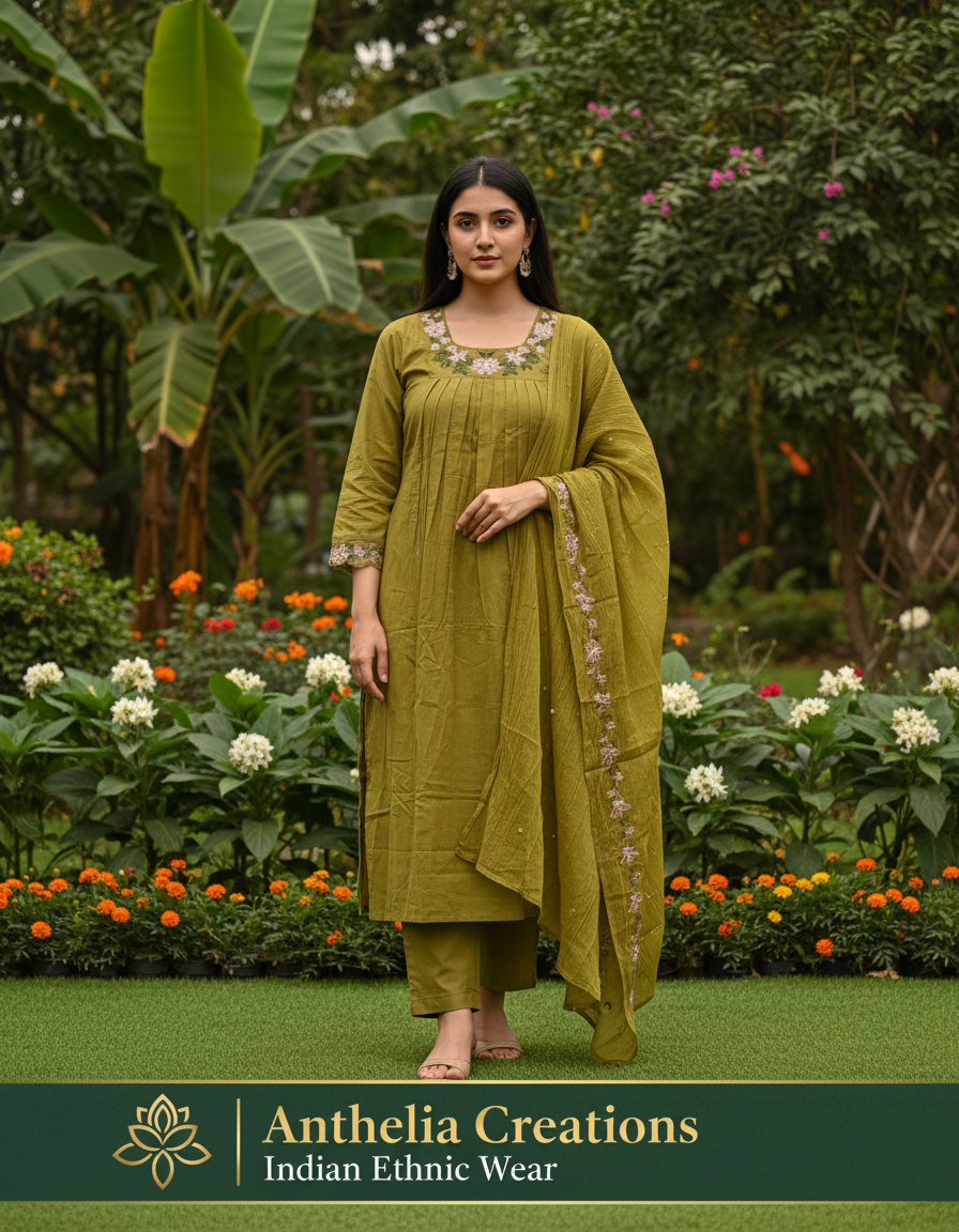 Elegant Kurta Pant with dupatta 100% Cotton Green Colour ACKS001