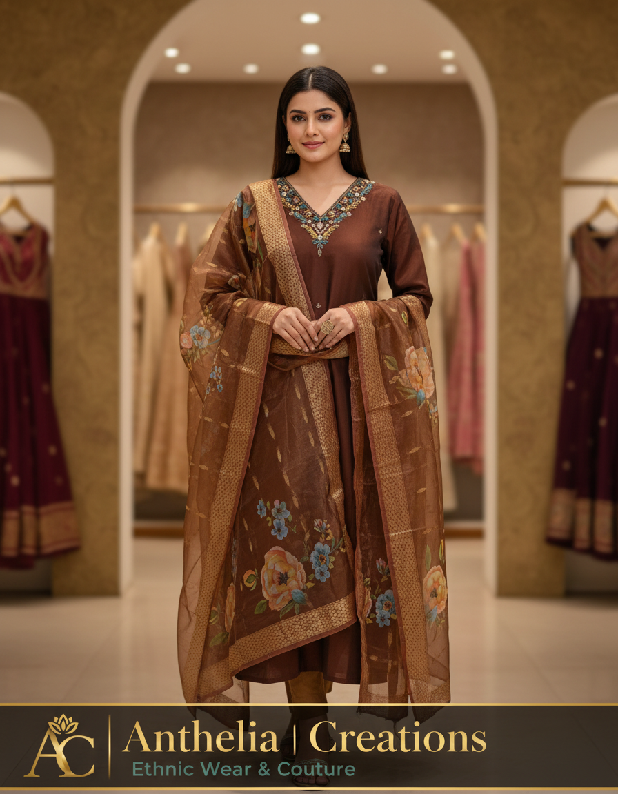 Elegant Kurta Pant with dupatta Roman Silk Brown & Yellow