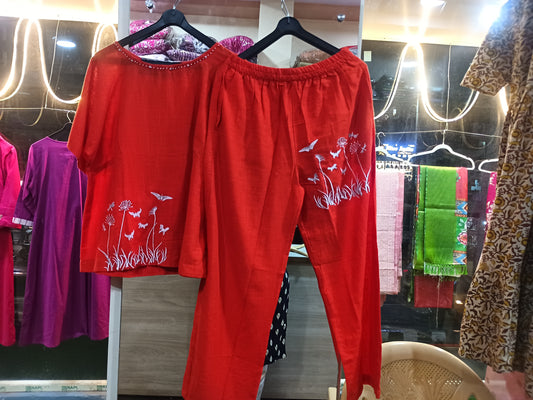 Cotton Embroidered Co ord Set Orange