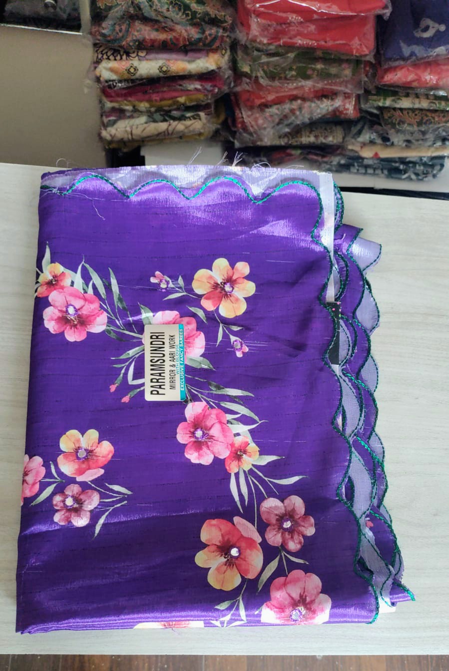 Beautiful Chinon silk sarees with mirror work