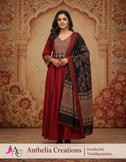 Black Maroon 100% Mul Cotton Suit