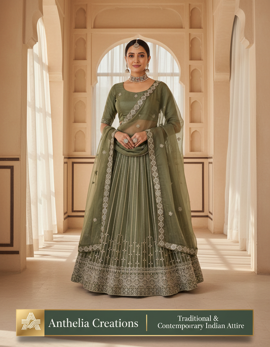 Embroidered Bridal Lehenga Set Green Colour