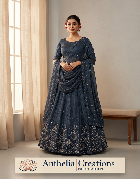 Embroidered Bridal Lehenga Set Blue Colour