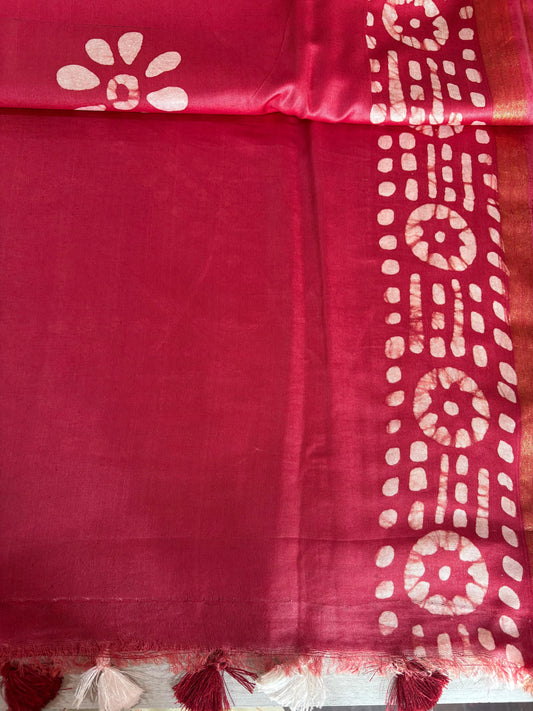 Semi Tussar Silk Saree with Traditional Batik Print | Elegant Ethnic Wear for Women Maroon