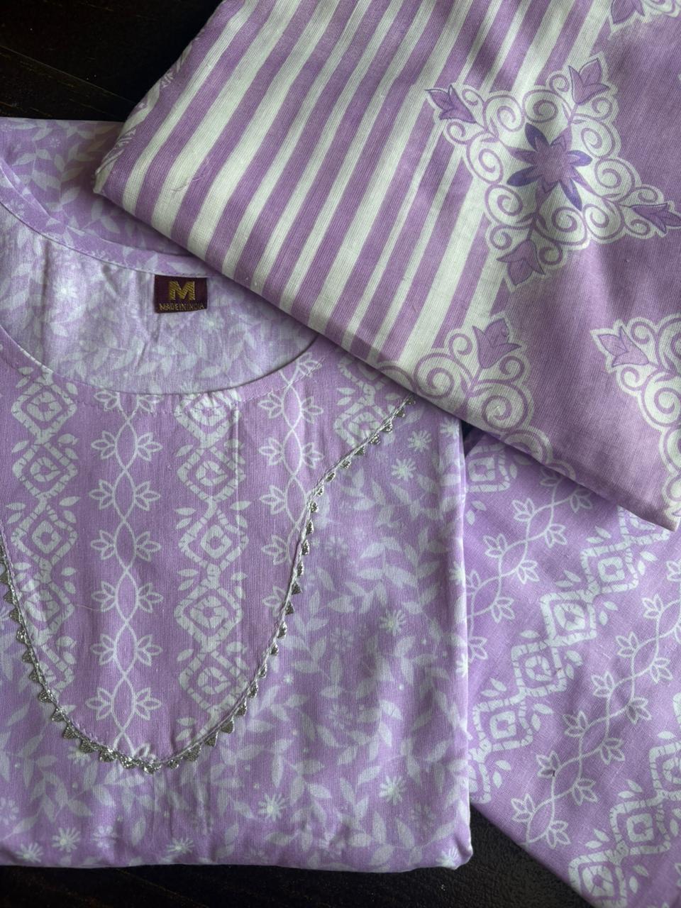 Lavender Color Elegant Kurta Pant with dupatta 100% Cotton