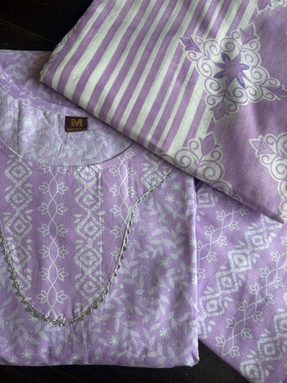 Lavender Color Elegant Kurta Pant with dupatta 100% Cotton