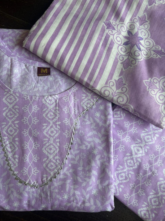Lavender Color Elegant Kurta Pant with dupatta 100% Cotton