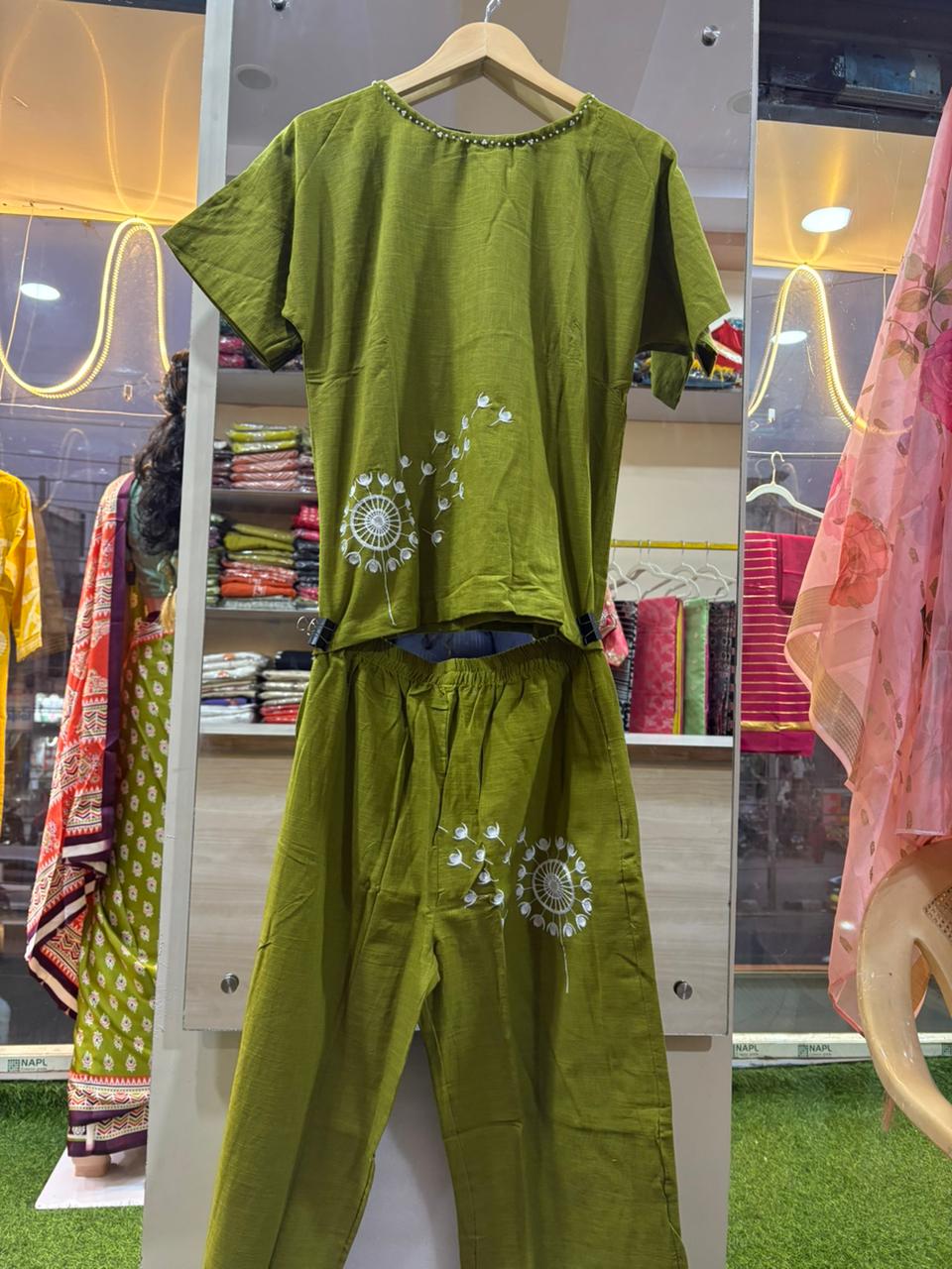 Cotton Embroidered Co ord Set Green