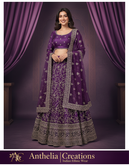 Violet Embroidered Bridal Lehenga Set