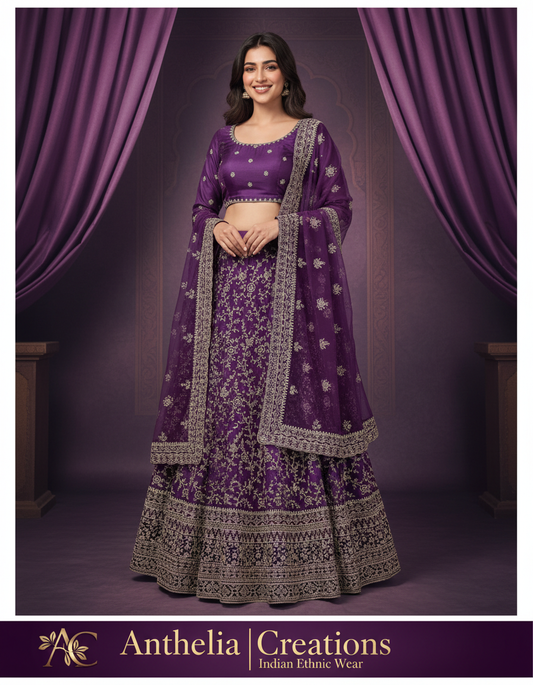 Violet Embroidered Bridal Lehenga Set
