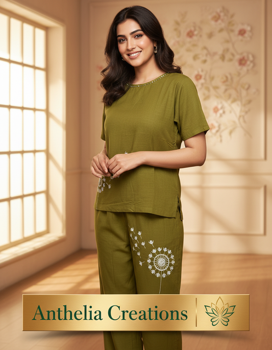Cotton Embroidered Co ord Set Green