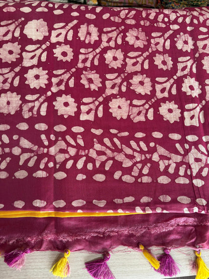 Semi Tussar Silk Saree with Traditional Batik Print | Elegant Ethnic Wear for Women Yellow Brown Dual shade