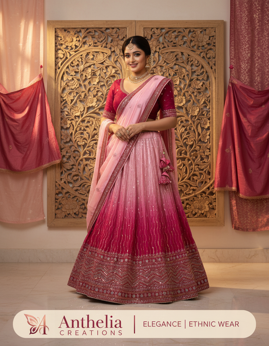 Pink Embroidered Bridal Lehenga Set Dual Colour