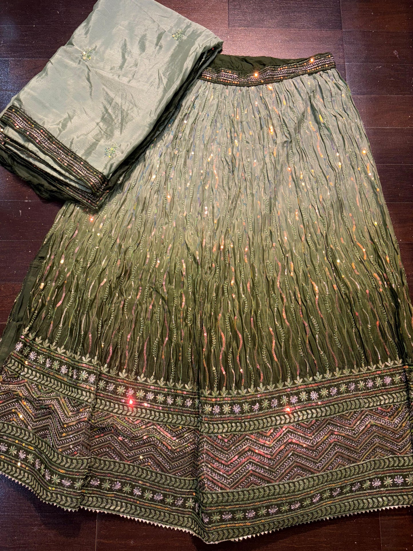 Embroidered Bridal Lehenga Set Green Dual Tone Colour