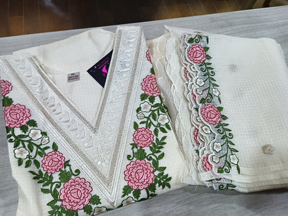 Elegant Kota Kurta Pant with dupatta 100% Cotton White