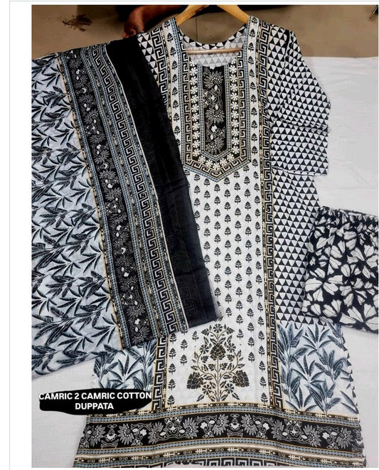 Black & White Color Elegant Kurta Pant with dupatta 100% Cotton