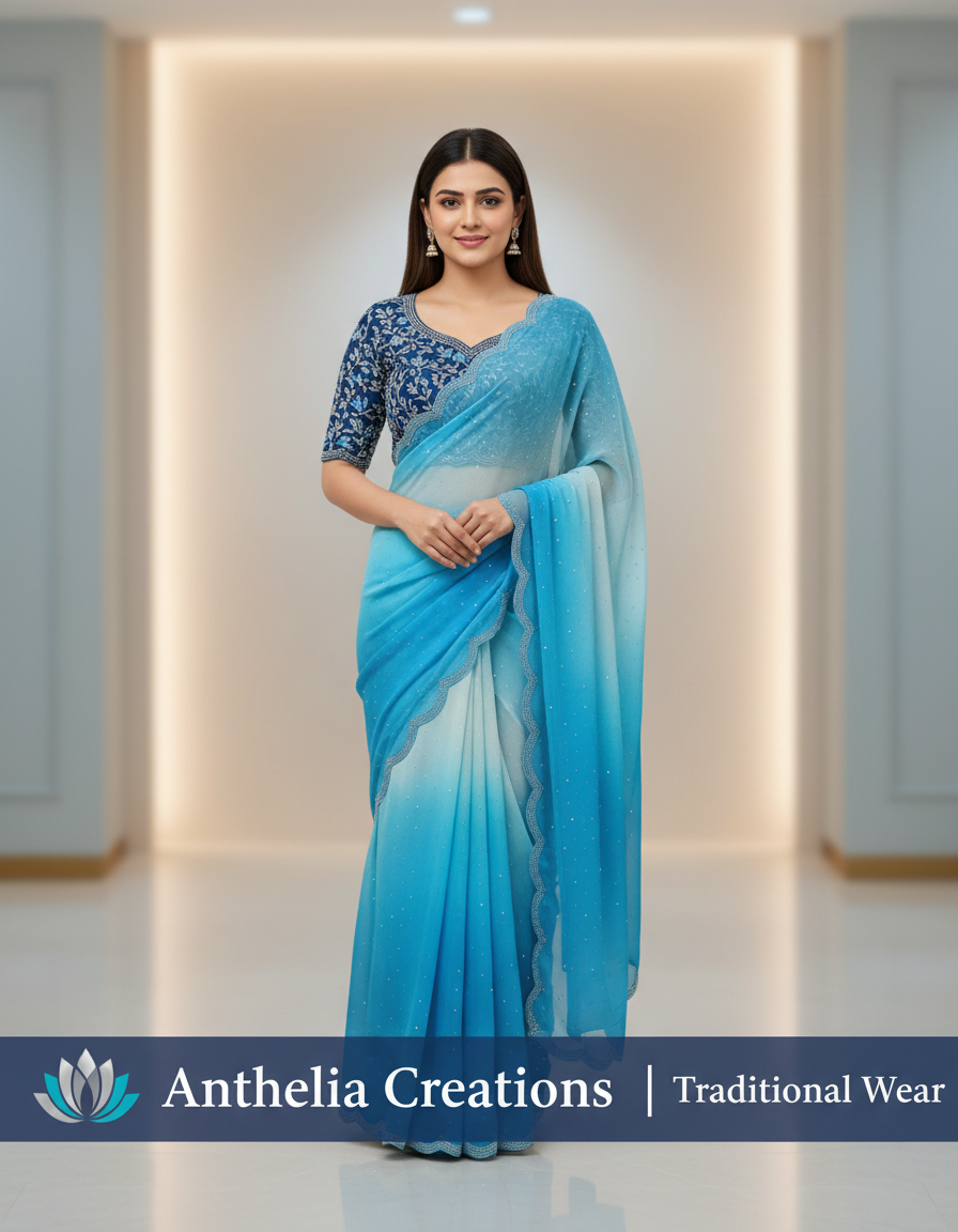 Woman wearing a blue saree with a matching blouse, standing against a neutral background with 'Anthelia Creations' branding.