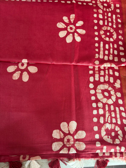 Semi Tussar Silk Saree with Traditional Batik Print | Elegant Ethnic Wear for Women Maroon