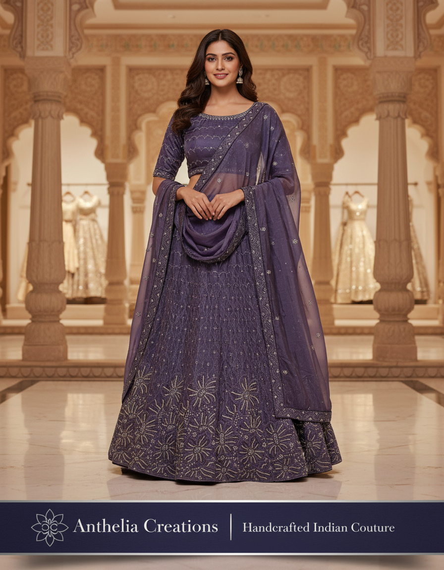 Woman in a traditional purple embroidered outfit standing in an ornate indoor setting with 'Anthelia Creations' branding.