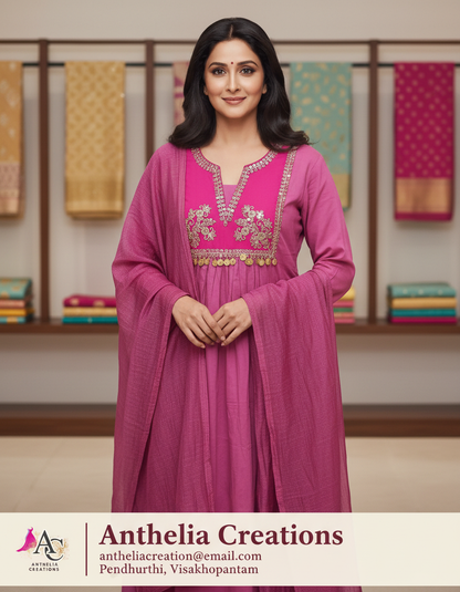 Elegant Pink Kurta Pant with dupatta 100% Cotton
