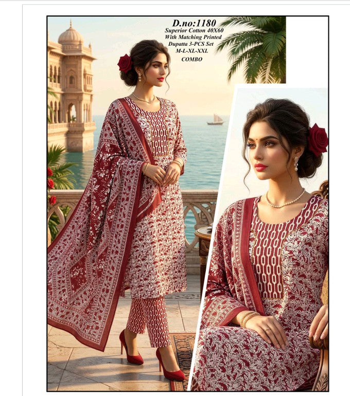 Maroon Color Elegant Kurta Pant with dupatta 100% Cotton