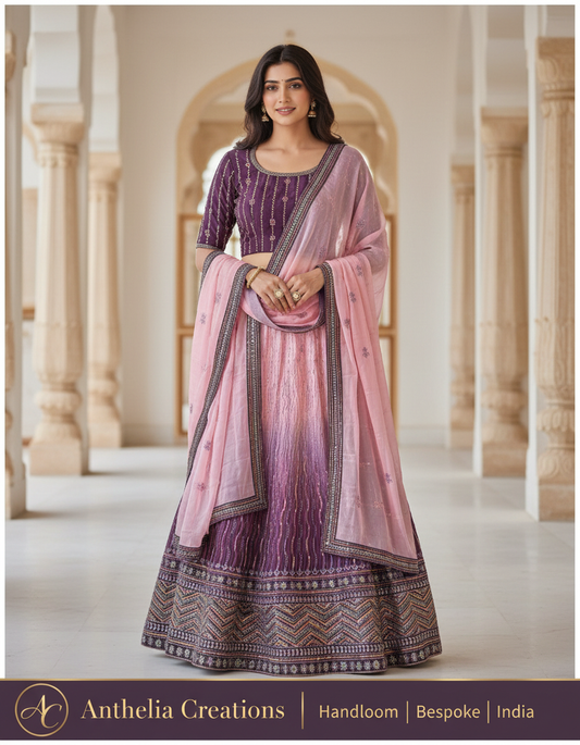 Pink Dual Tone Embroidered Bridal Lehenga Set