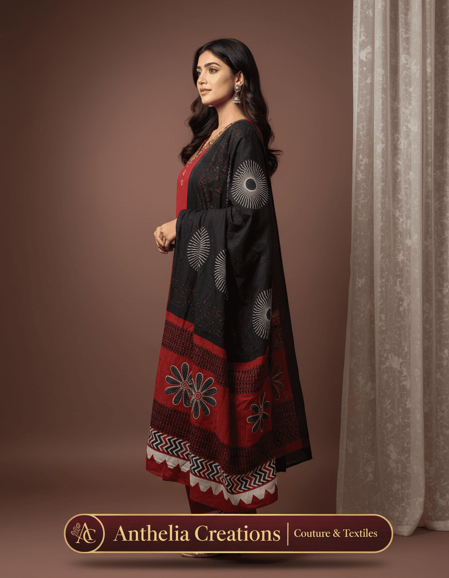 Elegant Kurta Pant with dupatta 100% Cotton Maroon black Colour with pockets