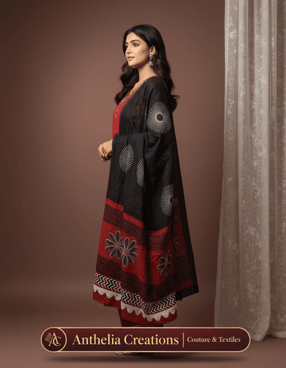 Elegant Kurta Pant with dupatta 100% Cotton Maroon black Colour with pockets