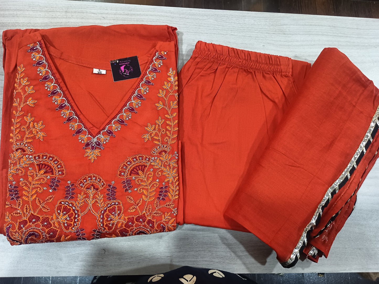 Elegant Kurta Pant with dupatta 100% Cotton Rust Orange
