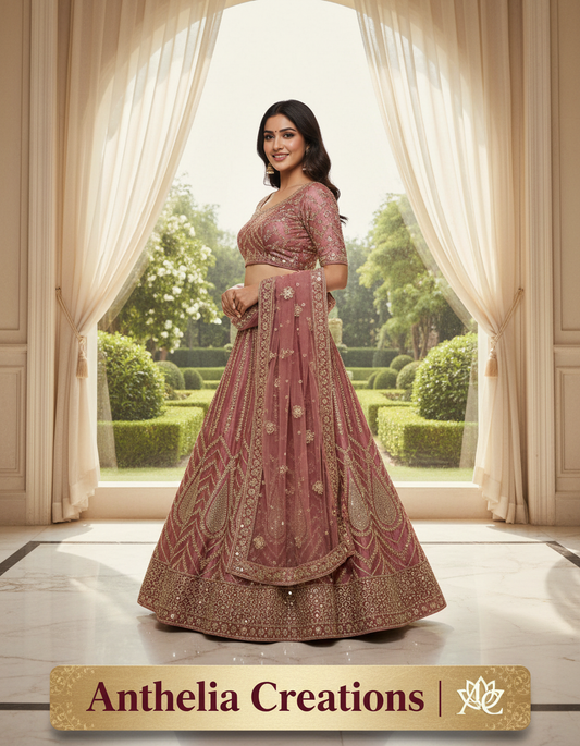 Dusty Rose Embroidered Bridal Lehenga Set