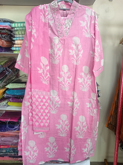Elegant Pink Kurta Pant with dupatta 100% Cotton