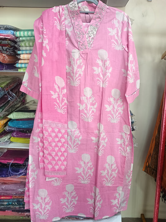 Elegant Pink Kurta Pant with dupatta 100% Cotton