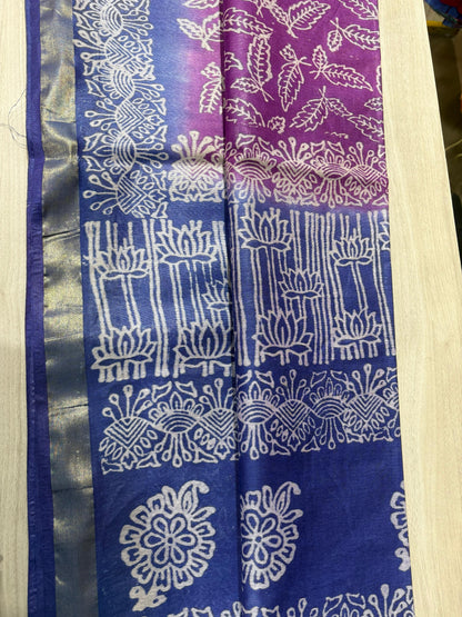 Semi Tussar Silk Saree with Traditional Batik Print | Elegant Ethnic Wear for Women Dual Shade
