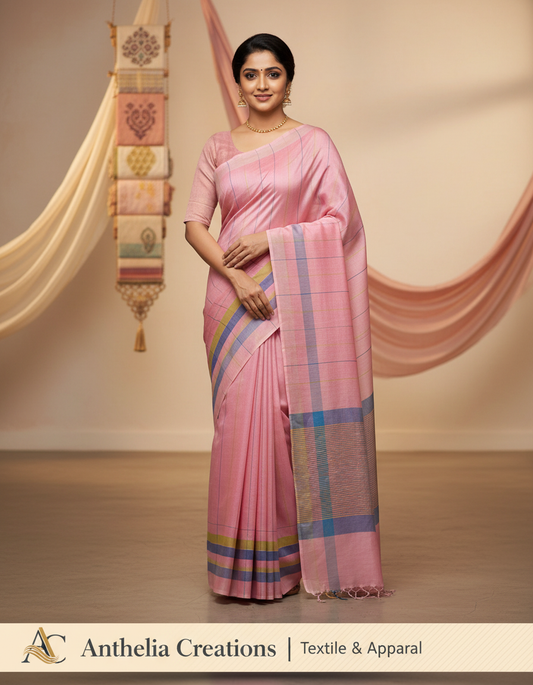 Mangalagiri Pattu Plain Checks Saree Nizam Pink